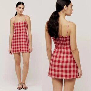 REFORMATION Huckleberry Linen Dress Mini in Red Concha Check Smocked Size 6